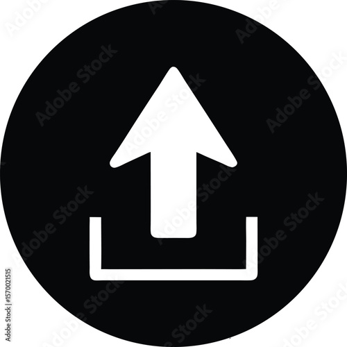 Upload Icon: A minimalist upload icon, a white arrow pointing upwards from an open box on a solid black circle, symbolizing the act of transferring data or files.