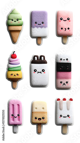 A delightful assortment of kawaii ice cream popsicles isolated on transparent background