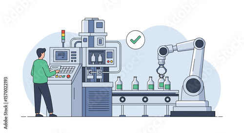Modern automated factory production line with robotic arm and human supervisor overseeing bottling process