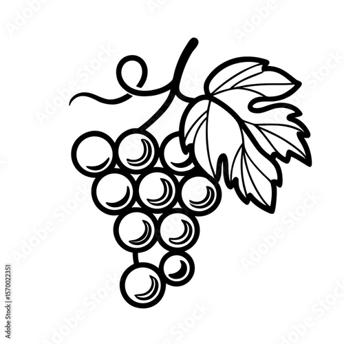 Black and White Line Drawing of Grapes with Leaf