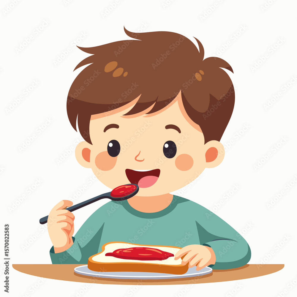 Happy boy enjoying toast with jam while sitting at the table Happy boy enjoying toast with jam while sitting at the table