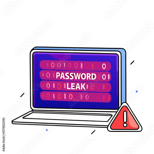 Data Stream for Password Leak on Laptop Screen with Warning Notification for Cybersecurity Blogs, Online Safety Awareness, Technology Articles, and Digital Privacy Education  