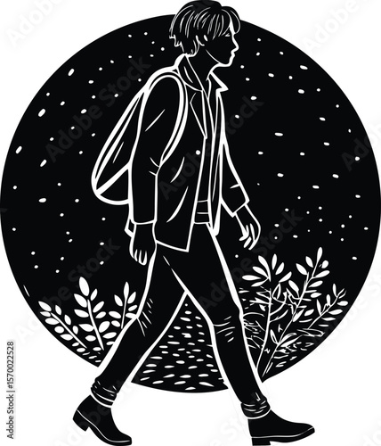 Solitary Walker at Night: A silhouette of an individual embarking on a solitary journey under the night sky.