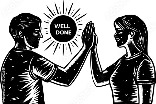 Encouraging illustration of two people celebrating success achieving goals and giving high fives