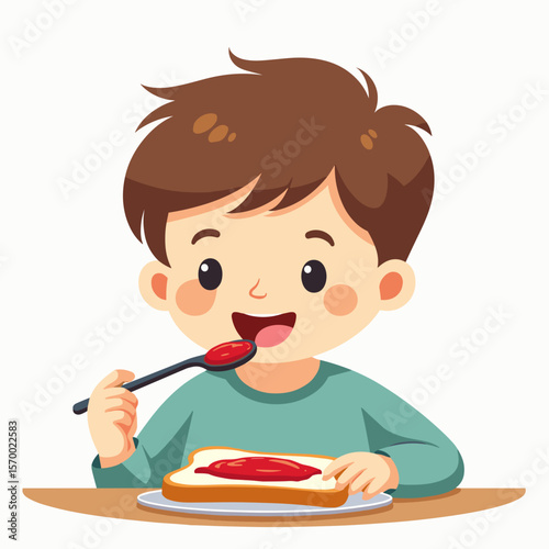 Happy boy enjoying toast with jam while sitting at the table  