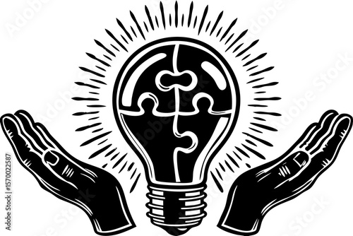 Concept of a bright idea with puzzle pieces forming a light bulb held by hand in a creative illustration