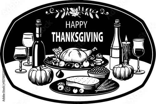 Happy thanksgiving illustration featuring a festive dinner arrangement with traditional food and drink elements