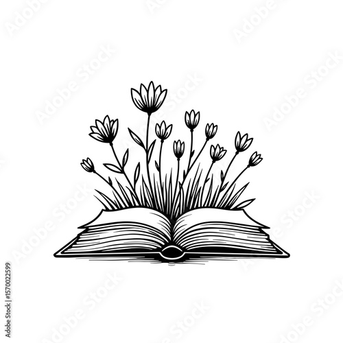Open book with wildflowers behind in black and white illustration  