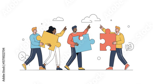 Diverse team collaborating to assemble puzzle pieces representing problem solving and shared goals