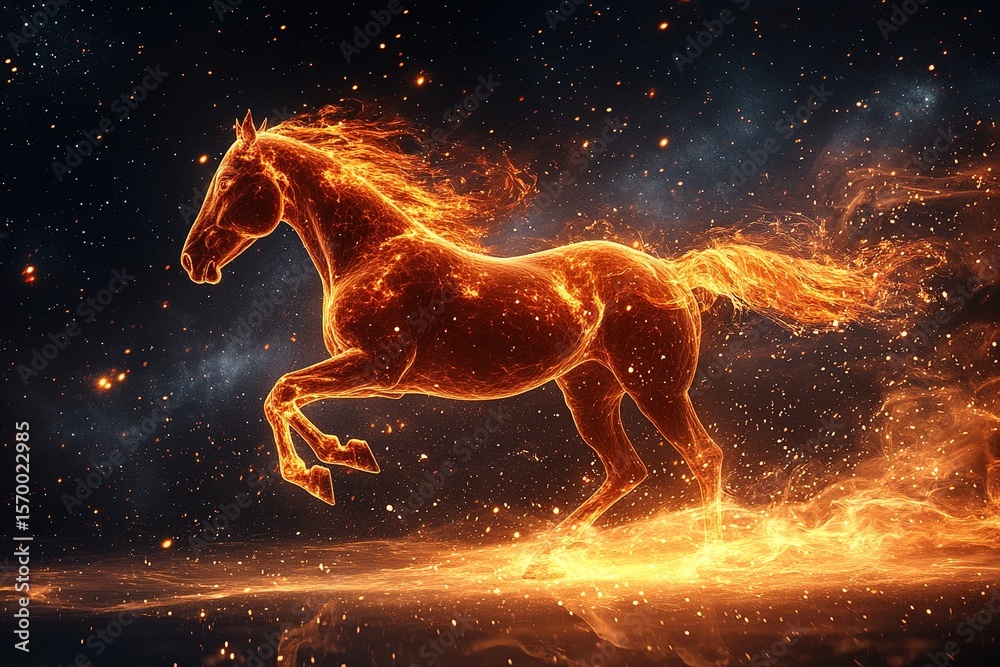 Glowing fiery horse galloping amidst stars in a dynamic cosmic environment Glowing fiery horse galloping amidst stars in a dynamic cosmic environment