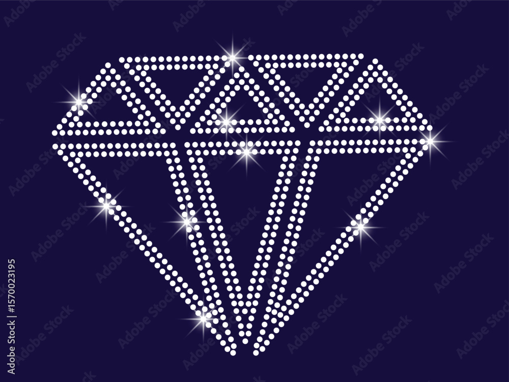 A shimmering diamond illustration crafted from sparkling white rhinestones on a deep indigo background, complete with dazzling light reflections. Perfect for fashion, jewelry, or celebratory themes.