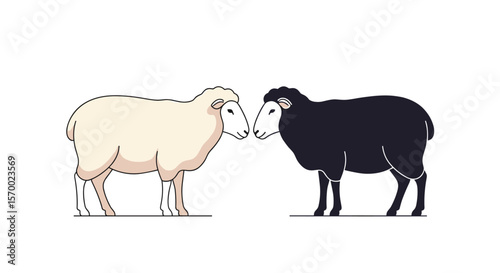 Two contrasting sheep one black and one white standing together on a white background showcasing their differences in a unique and visually interesting way