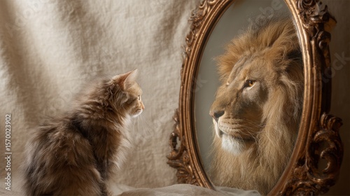 A cat looks in the mirror and sees itself as a lion, concept: self-confidence, 16:9