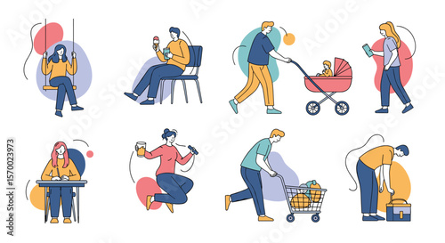Modern lifestyle scenes depicting diverse activities and social interactions using technology and everyday objects