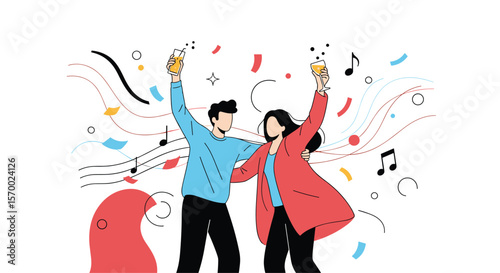 A couple celebrates with confetti and music under a festive atmosphere enjoying a happy moment together