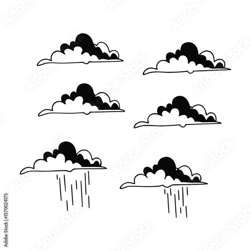 Hand-drawn Cloud Vector Illustrations A Collection of Six Unique Cloud Designs with Rain