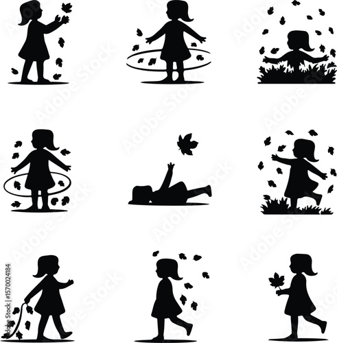 Autumn Vibes Icon Pack – Girl Playing in Falling Leaves Silhouettes Girl with Autumn Leaves Silhouette Set – Fall Season Vector Icons