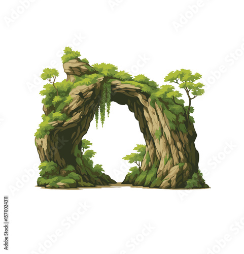 Vector Illustration of an Overgrown Rock Arch with Moss and Trees - Isolated Fantasy Landscape Element
