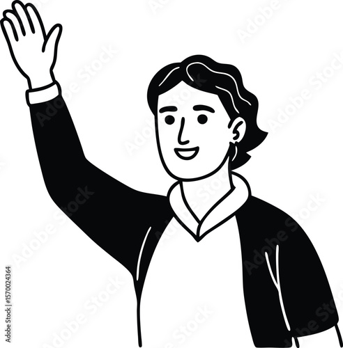 Greeting Gesture Illustration: A simple yet impactful illustration of a person extending their arm in a friendly greeting, offering a wave to the viewer, conveying warmth, friendliness.
