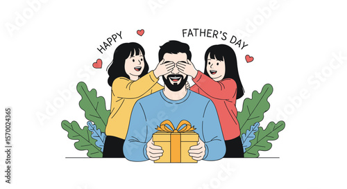 Happy father's day celebration with two daughters giving a surprise gift and covering his eyes