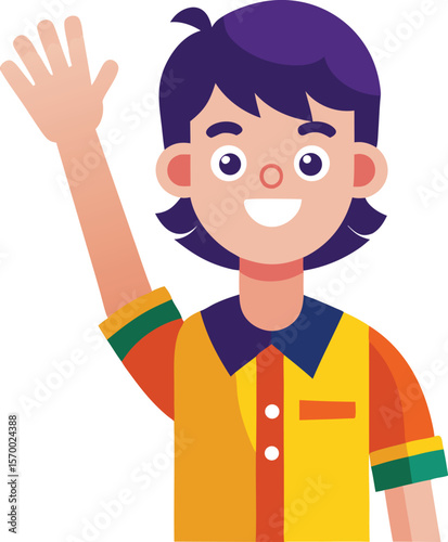 Friendly Greeting: A cheerful individual waves hello, radiating warmth and approachability, with a bright smile and open gesture, perfect for conveying a sense of welcome and friendliness.