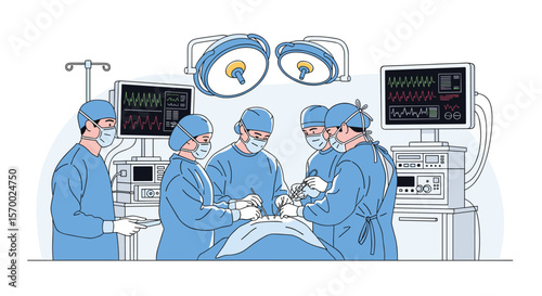 Skilled medical professionals performing complex life saving surgery in state of the art operating theater