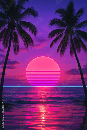 Retro beach sunset: Palms frame a neon pink sunset over a serene ocean, reflecting vibrant pinks and purples on the wet sand.