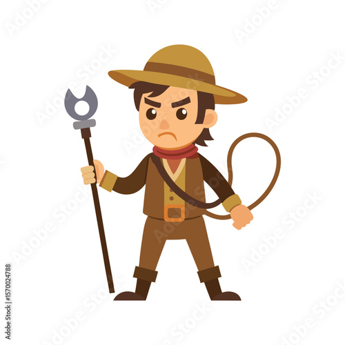 Treasure hunter with whip and compass in angry cartoon pose Vector illustration