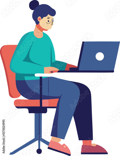 Woman Working on Laptop: A young woman sits comfortably in an office chair, working diligently on her laptop. She is focused and engrossed in her task.