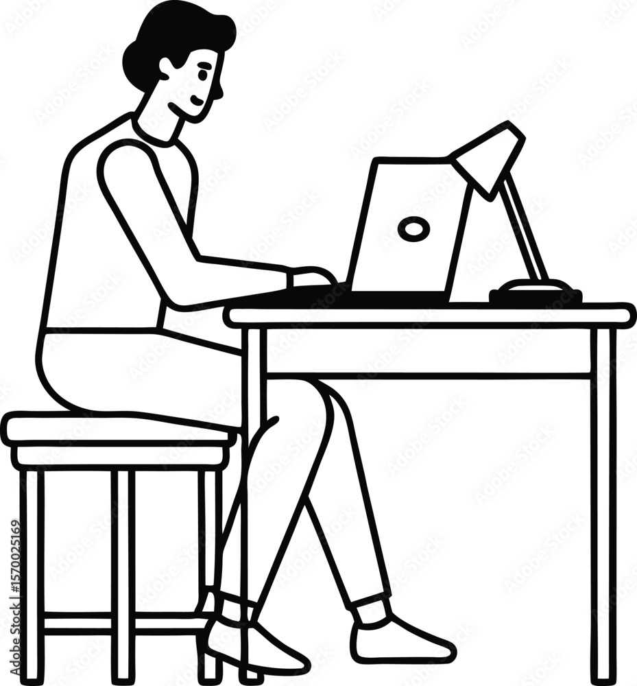 Fototapeta premium Focused on the Task: A simplified, linear illustration of a person absorbed in their work at a desk, using a laptop and illuminated by a desk lamp.