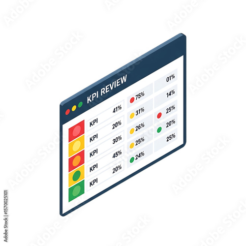 KPI review panel with colored performance indicators.