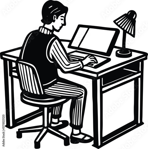 Digital Workspace: An individual focused on their work, sitting at a desk equipped with a computer, and illuminated by a desk lamp, showcasing the dedication and focus in digital creative.