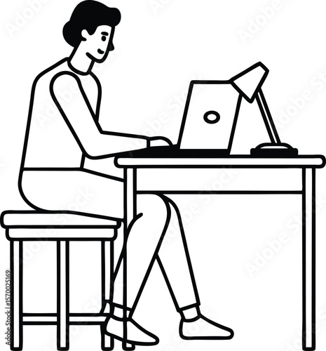 Focused on the Task: A simplified, linear illustration of a person absorbed in their work at a desk, using a laptop and illuminated by a desk lamp.