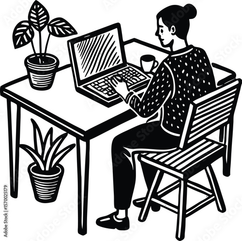 Desk Work & Greenery: A woman sits at her desk, engrossed in work, laptop poised before her, embraced by the peaceful embrace of indoor foliage, creating a serene and productive work environment.