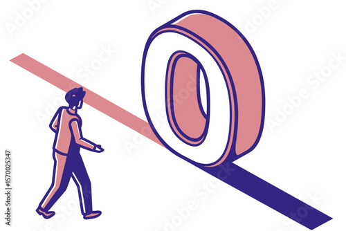 Conceptual illustration of a person walking toward a geometric zero symbol depicting achievement or goal