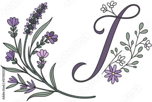 Elegant botanical vector composition featuring a graceful stylized capital letter i adorned with lavender and floral elements in a clean design.