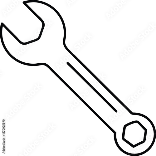 Wrench outline illustration: An detailed illustration of a wrench tool on white canvas, ready for use in your design projects.