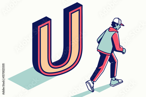 Isometric illustration depicting letter u and a person running with a modern and stylish design