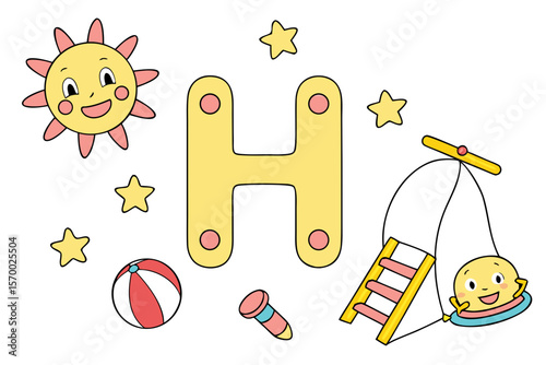 Playful cartoon illustration featuring a smiling sun play elements and joyful childrens theme