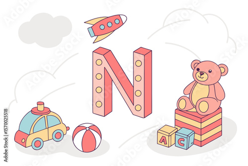 Playful illustration of the letter n surrounded by toys with a cartoonish and delightful aesthetic for kids