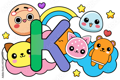 Whimsical cartoon composition featuring a variety of cute characters and colorful elements around a letter k