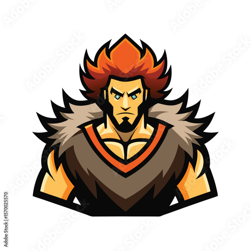 Wild barbarian fighter with fur shoulders and rugged hair Vector illustration