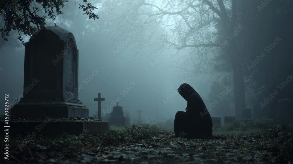 Dark, somber scene of mourning and loss depicts a cloaked figure kneeling in a foggy cemetery at dusk, creating a haunting atmosphere of grief and remembrance