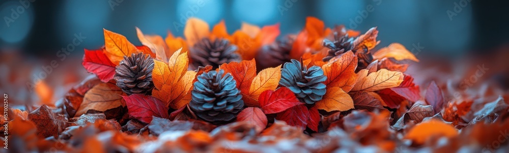 Obraz premium Many different colored leaves and pine cones in the grass autumn banner