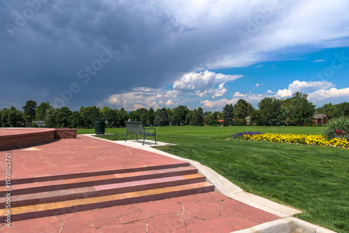 Canvas Print Cranmer Park in the Hilltop neighborhood of Denver, Colorado with its flagstone terrace and a view of the ever changing expansive skies above the park