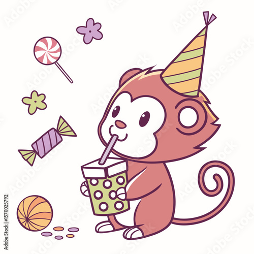 Cute Content Jungle animal, accessorized with with a bubble tea, in a Birthday world – Candy Shop palette vector