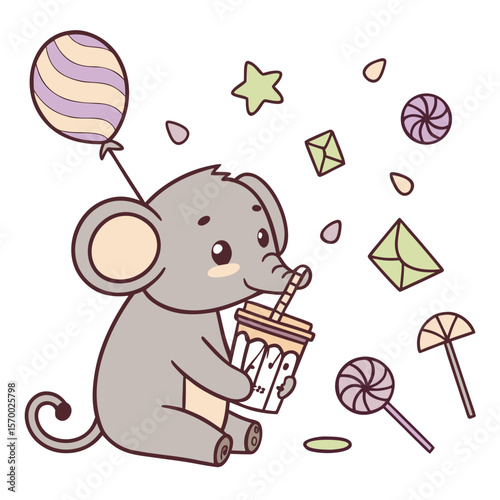 Cute Content Jungle animal, accessorized with with a bubble tea, in a Birthday world – Candy Shop palette vector