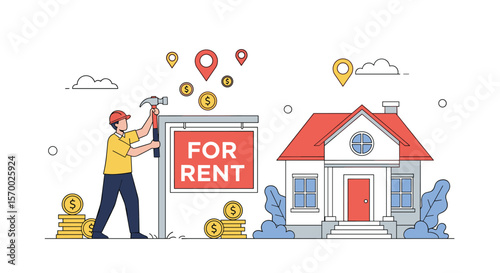 Real estate agent installing for rent sign on property lawn near house with location pins and coins symbolizing investment and financial growth opportunities