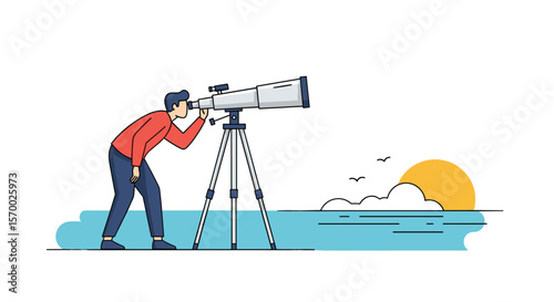 Man standing with a telescope on a tripod observing the sunrise over the ocean horizon with birds flying
