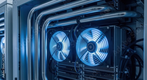 Close up view of cooling fans illuminating a data center server cabinet. Highlighting the essential role of ventilation in maintaining optimal operating temperatures for high performance computing